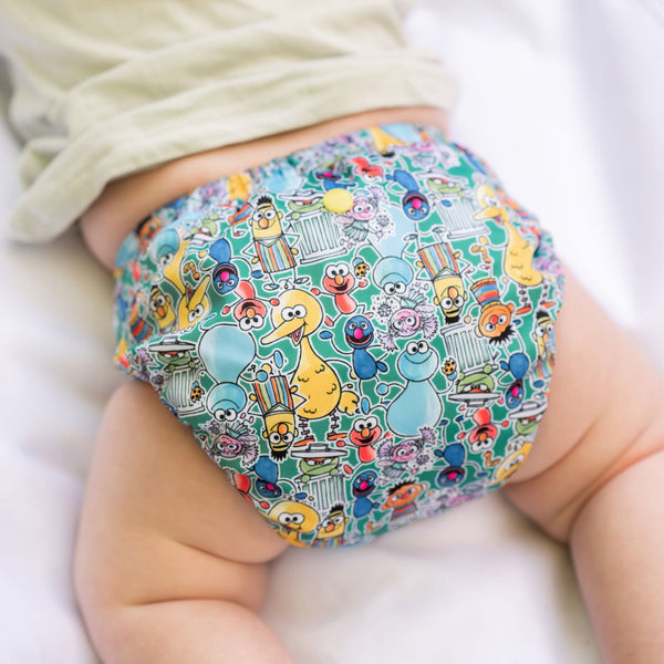 A Sesame Street Modern Cloth Nappy on a baby's bottom